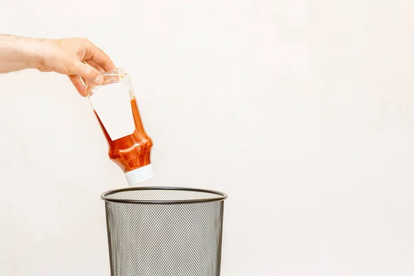 Half Full Used Plastic Ketchup Bottle Thrown Trash Can Disposal — 스톡 사진