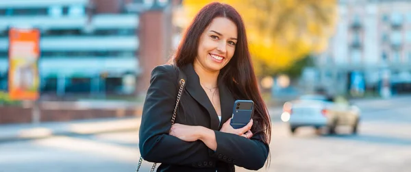Attractive Brunette Business Woman Black Suit Talking Cell Phone Her — Stockfoto