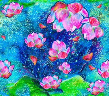 Kusursuz, Pembe Nilüfer, Yeşil Lilüfer, Mavi Su. Güzel yaprakları olan bir tomurcuk. Yoga, din, Budizm, ezoterizm, psikoloji. Tebeşir, balmumu tebeşir. Kalem grafikleri. Dokular. İçini dekore etmek için..