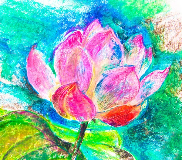 ピンクの蓮 水にユリ 美しい花弁の芽 心理学 チョーク ワックスチョーク 鉛筆のグラフィック テクスチャー インテリアを飾るために 生地や紙に印刷するため — ストック写真
