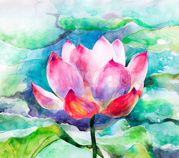 Watercolor Pink lotus, Lily on green, blue water. A bud with beautiful petals. Yoga, religion, Buddhism, esotericism, psychology. Drawing with water-based paint. To decorate your interior For fabrics and printing on paper. The ritual Vedic