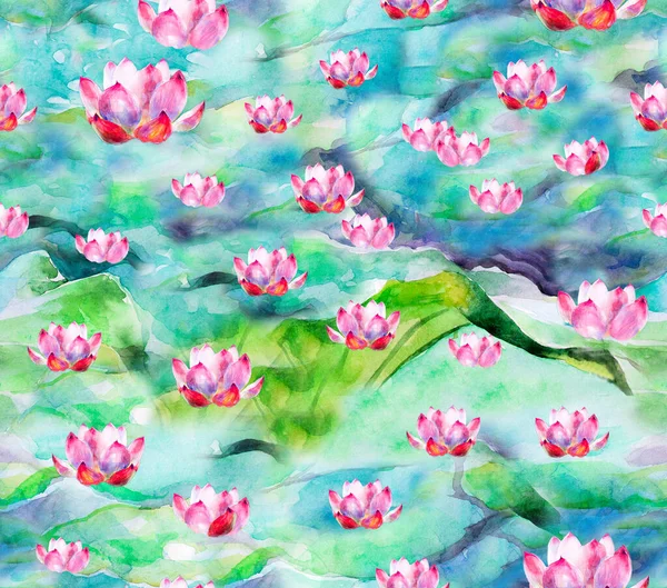 Watercolor Pink lotus, Lily on green, blue water. A bud with beautiful petals. Yoga, religion, Buddhism, esotericism, psychology. Drawing with water-based paint. To decorate your interior For fabrics and printing on paper. The ritual Vedic