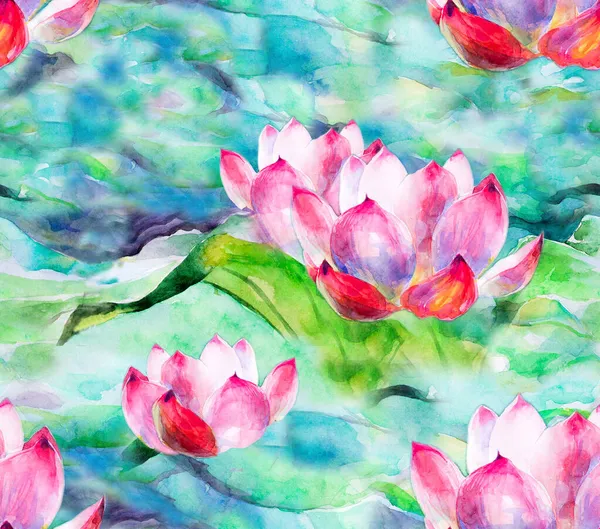 Watercolor Pink lotus, Lily on green, blue water. A bud with beautiful petals. Yoga, religion, Buddhism, esotericism, psychology. Drawing with water-based paint. To decorate your interior For fabrics and printing on paper. The ritual Vedic