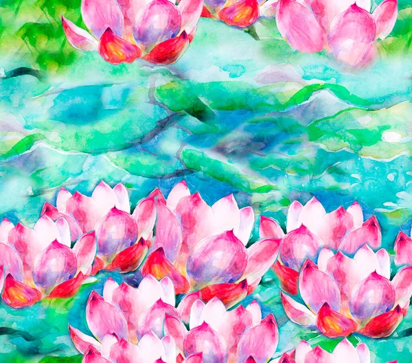 Akwarela Różowy Lotos Lily Zielonej Niebieskiej Wodzie Pączek Pięknymi Płatkami — Zdjęcie stockowe