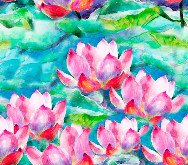 水の色をシームレスに ピンクの蓮 水にユリ 美しい花弁の芽 心理学 水性塗料で描く あなたのインテリアを飾るために生地や紙に印刷します Vedic — ストック写真