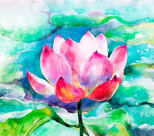 Akvarel Růžový Lotos Lily Zelené Modrá Voda Poupě Krásnými Okvětními — Stock fotografie