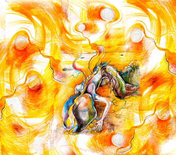 Графика Цветными Карандашами Многоцветный Цветной Рисунок Метаморфозы Персонажа История Мифическом — стоковое фото