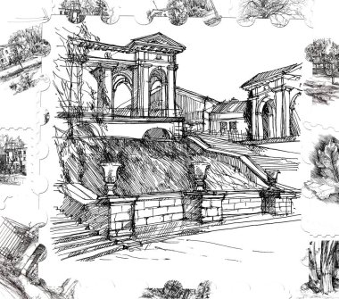 Şehir sokaklarının ve parkların siyah beyaz desenli kusursuz dokusu. Şehir manzarası. El yapımı iş. İnce bir çizgi. Şehrin sokaklarını tasvir eden pullar. Nostalji. Seyahat et ve yürü. 20 ons Tumbler Süblimleşme.