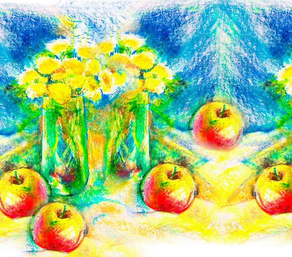 Pommes Dans Une Nature Morte Dessin Aquarelle Une Illustration Vivante — Photo