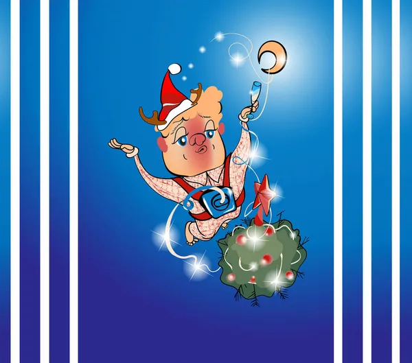 新年の漫画 クリスマスのキャラクター学士号を持つ男性は 新年を一人で祝います 青い背景には ワインのグラスでクリスマスツリーの上に漫画のキャラクターが浮かんでいます — ストック写真