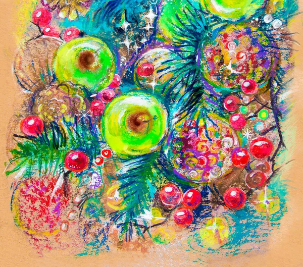 クリスマス 芸術的な図面 アップルとクリスマスの装飾 クリスマスをテーマにした祝祭的な抽象化 家族の休日だ クラフト紙に 包装や包装ガラスのための ハッチングや自然主義的な手描き 鮮やかなカラフルな — ストック写真