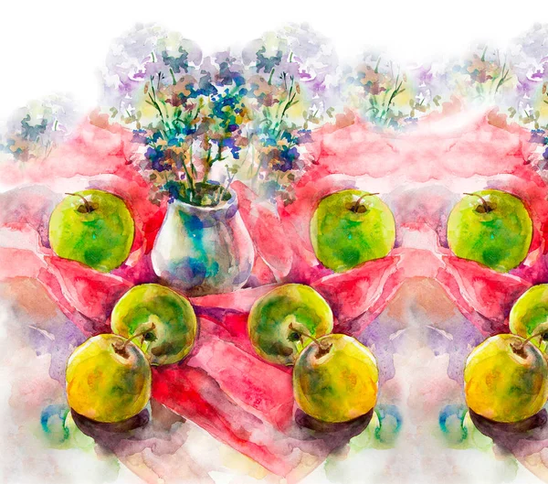 静物画の中でリンゴ 水彩画 鉛筆画 包装用の鮮やかなイラスト マグカップ メガネに印刷するため はがきやバナーのテキストのために 実りの秋 モトリーのパターン シームレスだ — ストック写真