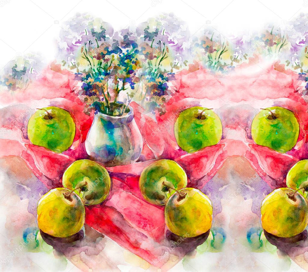 Apples in a still life. Watercolor drawing.Pencil drawing. A vivid illustration for packaging. For printing on pillows, mugs, glasses. For the text on the postcard and banner. Fruitful autumn. Motley pattern. Seamless.