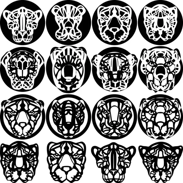 Ensemble Silhouettes Noires Avec Tête Tigre Chat Panthère Guépard Léopard — Image vectorielle