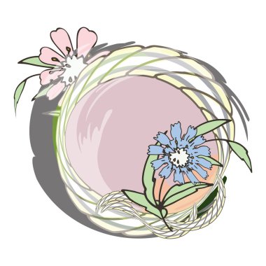 Yuvarlak çerçevenin yüceliği. Klasik çiçek çelengi. Çiçekli bir çember. İpler ve düğümlenmiş ipler. Merkezde kayıt yapacak bir yer var. Pastel renkler. Yastıklar, kupalar ve tişörtler için. Posta kartı şablonu. Sevimli bebek stili.