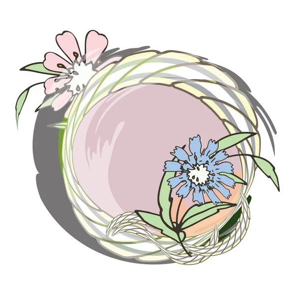 Yuvarlak çerçevenin yüceliği. Klasik çiçek çelengi. Çiçekli bir çember. İpler ve düğümlenmiş ipler. Merkezde kayıt yapacak bir yer var. Pastel renkler. Yastıklar, kupalar ve tişörtler için. Posta kartı şablonu. Sevimli bebek stili.