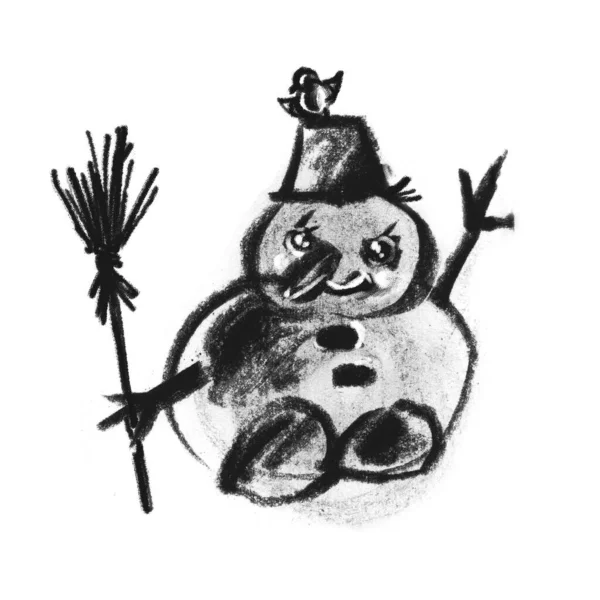雪だるまとほうきだ 風刺画だ 顔の感情 冬の印刷 クリスマスの文字で昇華 珍しい新年の挨拶 グラフィック クリッパー シルエットの場所を孵化させる — ストック写真