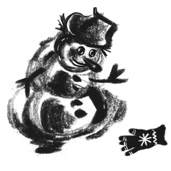 スヌーマンと手袋 風刺画だ 顔の感情 冬の印刷 クリスマスの文字で昇華 珍しい新年の挨拶 グラフィック クリッパー シルエットの場所を孵化させる — ストック写真