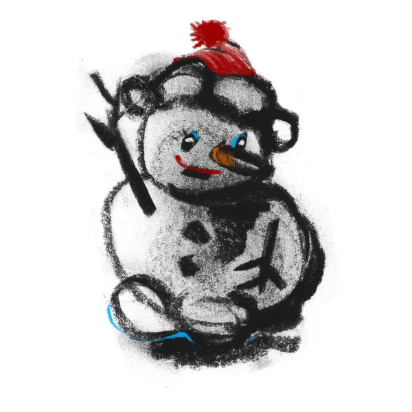 スノーマン 顔に感情の戯画 冬は外です クリスマスのキャラクター 珍しい新年の挨拶 グラフィック クリッパー シルエットスポットのハッチング — ストック写真