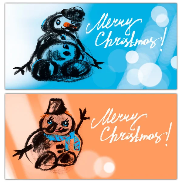 クリスマスカードセット 雪だるま付きの水平デザイン メリークリスマス グラフィックブラックハンドドローイング キャラクター 人の戯画 彼の顔と目に感情を持つ 背景には — ストック写真