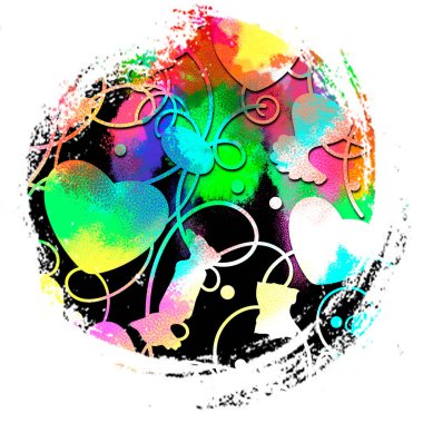 Düz olmayan, pürüzlü kenarları olan yuvarlak renkli bir arka plan noktası. Siyah arkaplanda LGBT.Rainbow renkleri. Bardakları ve tişörtleri bastırmak için. Yazıtı yerleştir. Sevgililer Günü hediyesi..