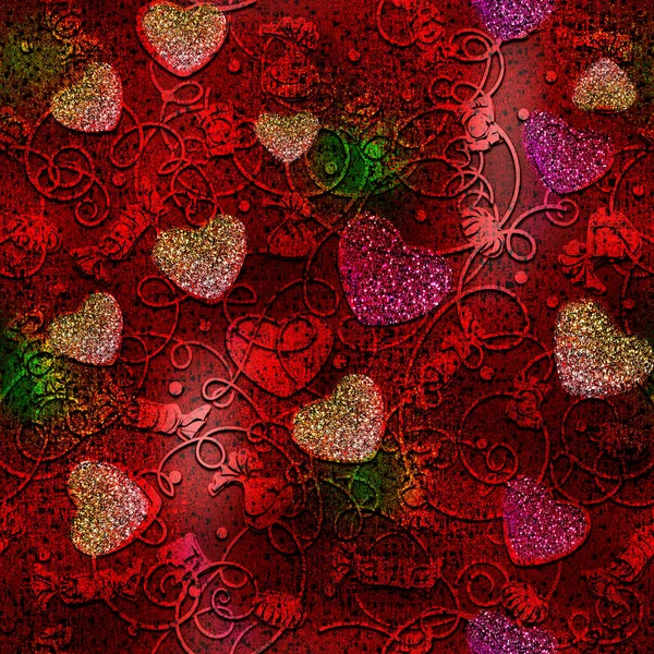 Seamless Texture Hearts Abstract Dark Illustration Glitter Richly Decorated Gold — Stock Photo, Image