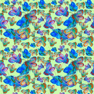 Kelebekli kusursuz doku. Bir sürü uçan böceğin tekrarlanan suluboya çizimi. Renkli kanatlar. Yaz ve Bahar Scrapbook ödevi. Kumaş üzerine baskı.