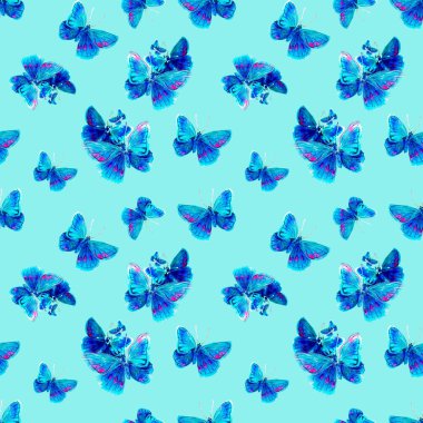 Kelebekli kusursuz doku. Bir sürü uçan böceğin tekrarlanan suluboya çizimi. Renkli kanatlar. Yaz ve Bahar Scrapbook ödevi. Kumaş üzerine baskı.