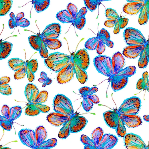 Kelebekli Kusursuz Doku Bir Sürü Uçan Böceğin Tekrarlanan Suluboya Çizimi — Stok fotoğraf