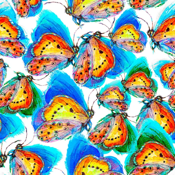 蝴蝶的无缝隙质感几个月的重复水彩画 很多昆虫在飞 色彩斑斓的翅膀夏天和春天 织物上的印花 — 图库照片