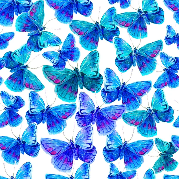 蝴蝶的无缝隙质感几个月的重复水彩画 很多昆虫在飞 色彩斑斓的翅膀夏天和春天 织物上的印花 — 图库照片#