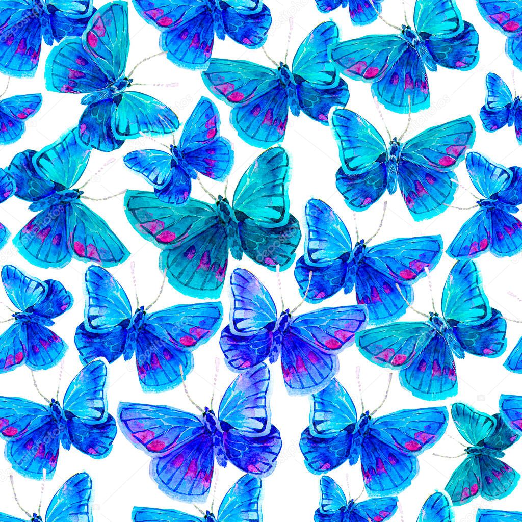 Seamless texture with butterflies. A repeating watercolor drawing of moths.A lot of flying insects. Colorful wings. Summer and spring.Scrapbooking paper. Printing on fabric.