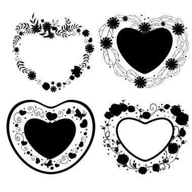 Bir çift kupa. Siyah siluetlerin süsleri. Kalp şeklinde çizilmiş çiçekler var. Çerçeve bir kalp. Kalbin kenarında çiçek deseni var..