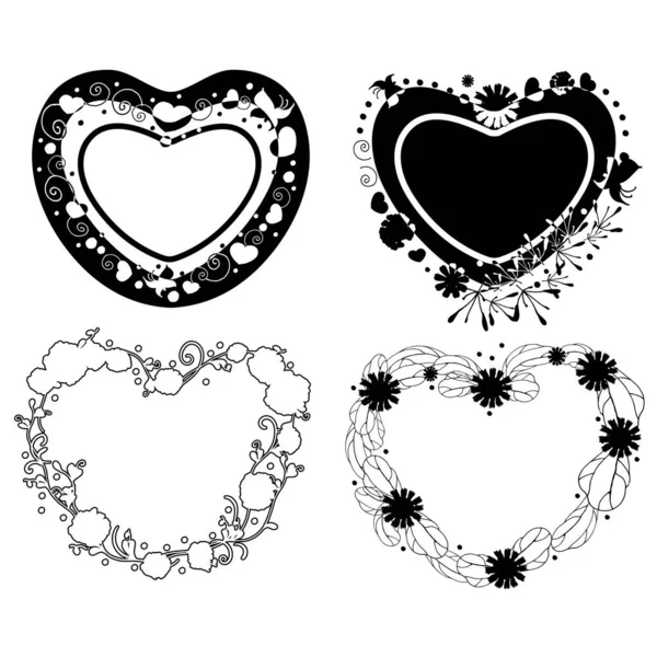 Conjunto Corações Ornamentos Silhuetas Pretas Flores Desenhadas Forma Coração Moldura —  Vetores de Stock