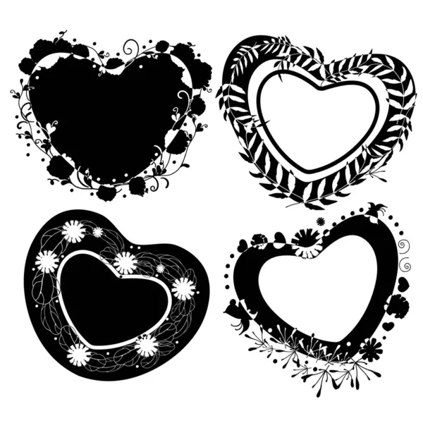 Set Hearts Ornaments Black Silhouettes Flowers Drawn Shape Heart Frame — Stock Vector