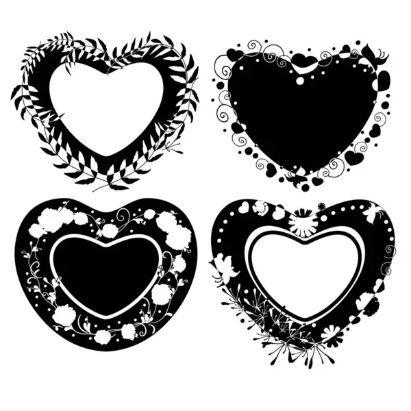 Set Hearts Ornaments Black Silhouettes Flowers Drawn Shape Heart Frame — Stock Vector