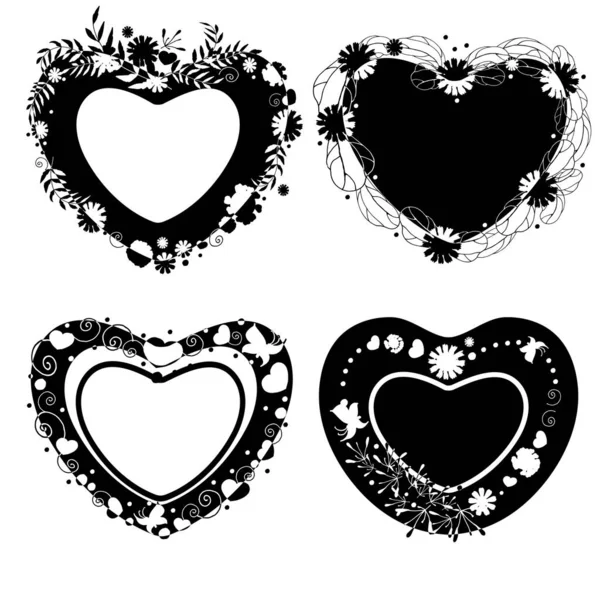 Ensemble Cœurs Ornements Silhouettes Noires Fleurs Dessinées Forme Cœur Cadre — Image vectorielle
