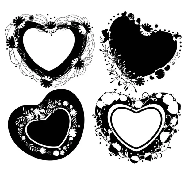 Set Hearts Ornaments Black Silhouettes Flowers Drawn Shape Heart Frame — Stock Vector