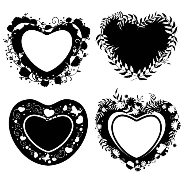 Set Hearts Ornaments Black Silhouettes Flowers Drawn Shape Heart Frame — Stock Vector