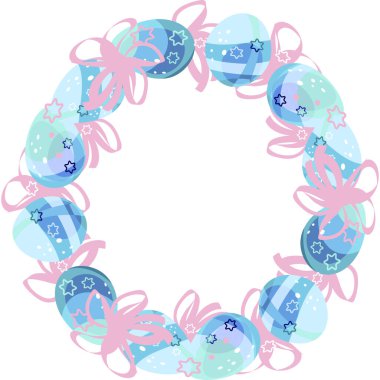 Bir çelenk. Paskalya yumurtası çerçevesi. Paskalya 'nın renkli yumurta ve yaylarının yuvarlak süblimleşmesi. Parlak karikatür resmi. Kilisenin yumurta kutsamasını kutlamak için..