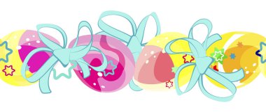 Kaldırımlar. Paskalya yumurtası izleri. Paskalya 'nın kusursuz renkte yumurta ve yay çelenkleri. Parlak karikatür resmi. Kilisenin yumurta kutsamasını ve konuşmasını kutlamak için. Kumaş üzerine baskı