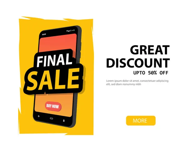Μεγάλη Έκπτωση Banner Πώληση Σχεδιασμό Smartphone Τρισδιάστατη Απεικόνιση Κίτρινο Φόντο — Διανυσματικό Αρχείο