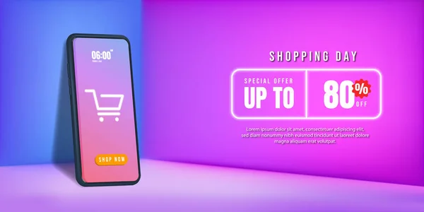 Shopping Banner Template Design Neon Glowing Lightning Icons Advertising Campaign - Stok Vektor