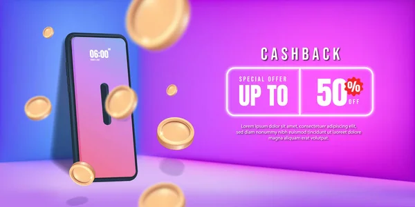 Cashback Money Refund Icon Concept Banner Template Design Neon Glowing - Stok Vektor