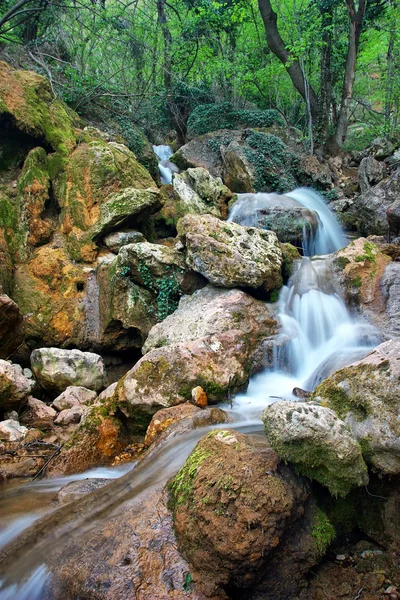 Cachoeira. Um riacho de água em terreno de floresta e montanha — Fotografia de Stock