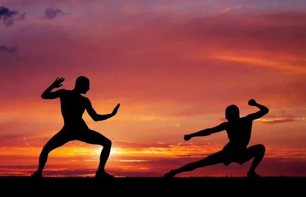 Silhouettes of two fighters on sunset fiery background — Stock Photo, Image