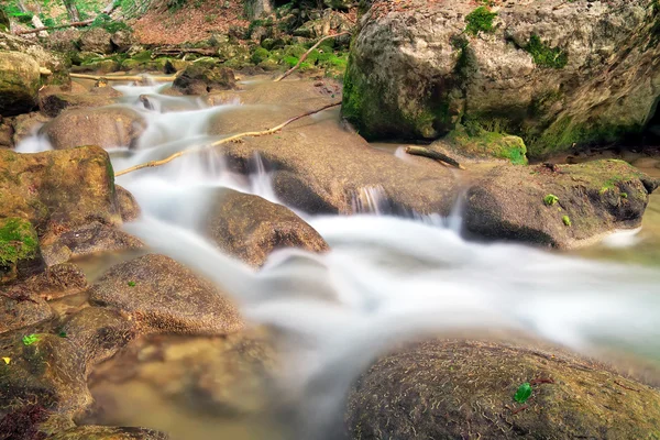 Rio Montanha. Um riacho de água em terreno de floresta e montanha — Fotografia de Stock