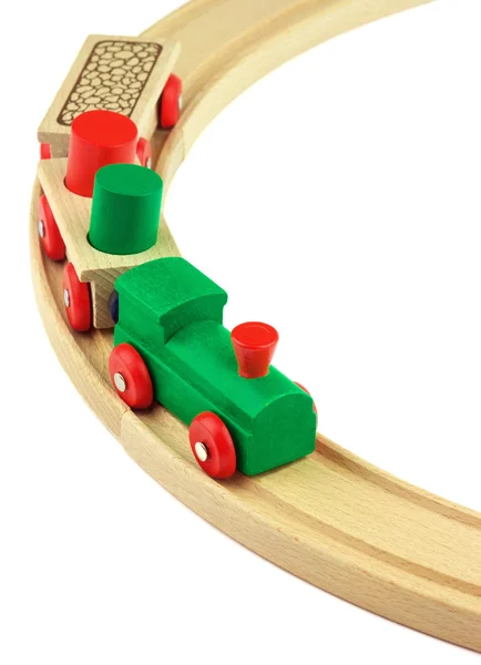 Ξύλινο παιχνίδι έγχρωμο τρένο που απομονώνονται σε λευκό φόντο — Φωτογραφία Αρχείου