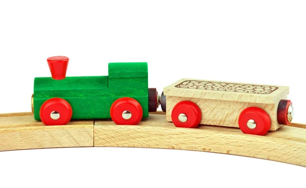 Ξύλινο παιχνίδι έγχρωμο τρένο που απομονώνονται σε λευκό φόντο — Φωτογραφία Αρχείου