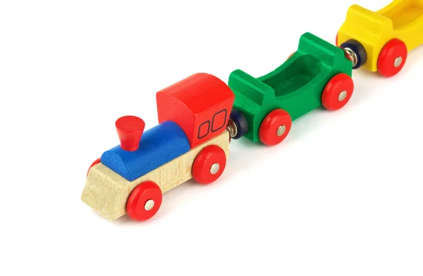 Treno giocattolo colorato in legno isolato su sfondo bianco — Foto Stock